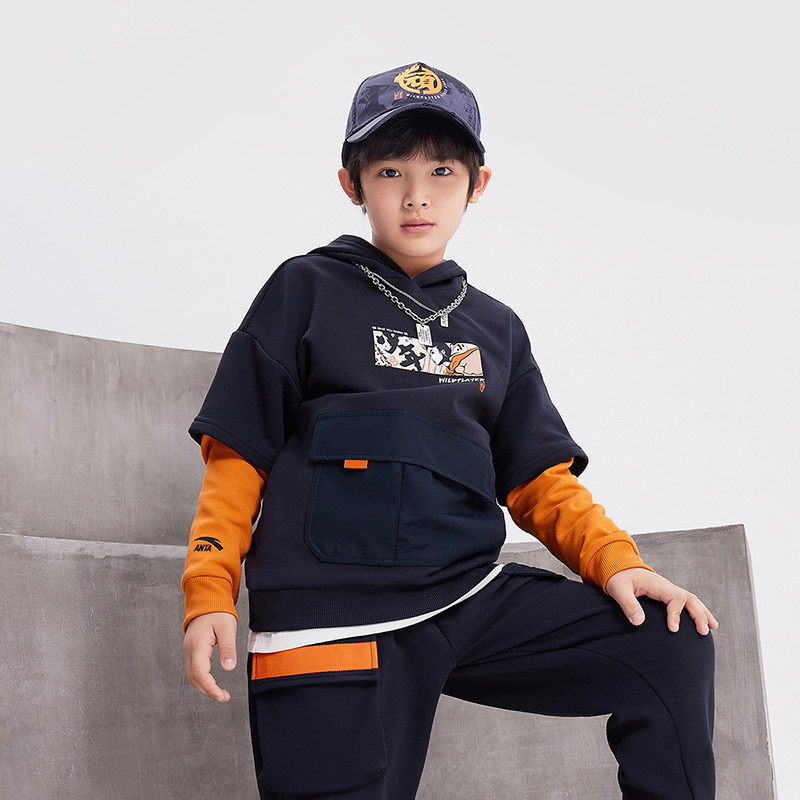 安踏儿童生活系列少年顽家男大童针织连帽卫衣